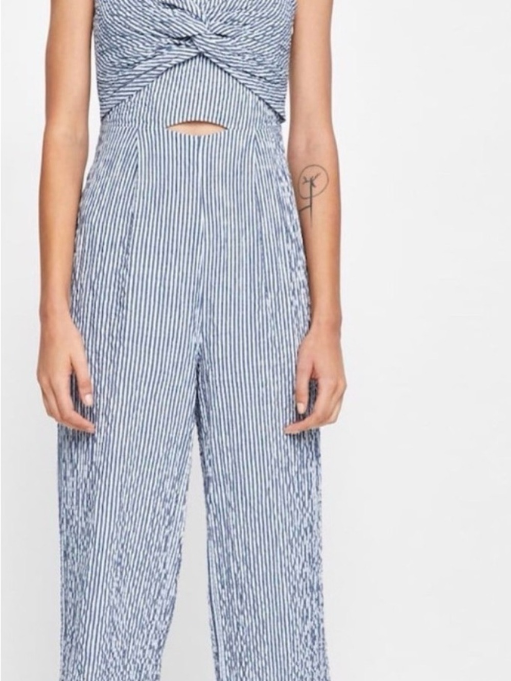 Zara Blue & White Vertical-Stripe Twist Front Jumpsuit